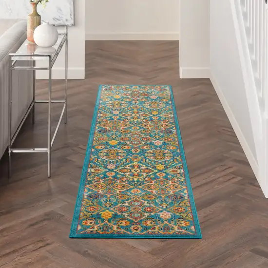 8' Blue Floral Power Loom Runner Rug Photo 6