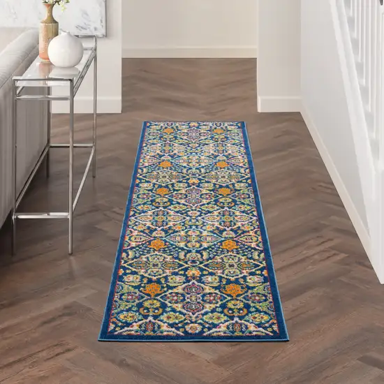 8' Blue Floral Power Loom Runner Rug Photo 2