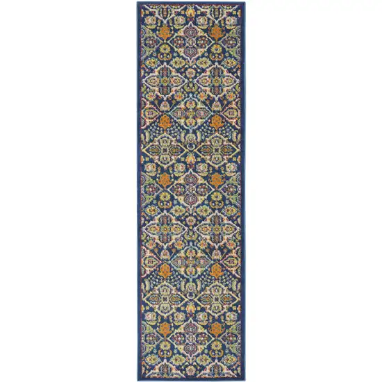 8' Blue Floral Power Loom Runner Rug Photo 4