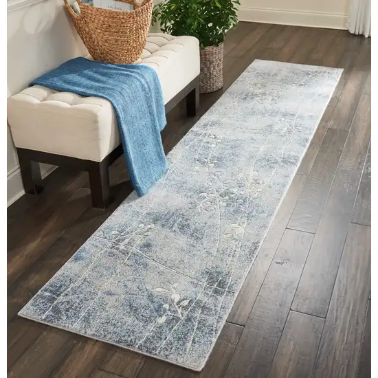 10' Blue Floral Power Loom Runner Rug Photo 3