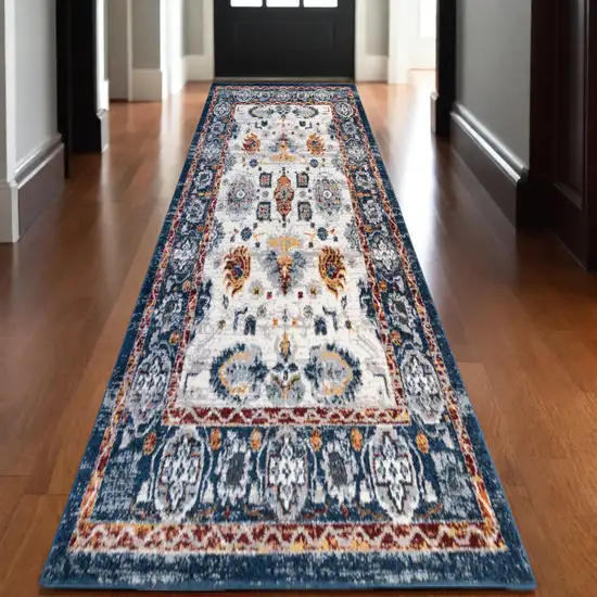 10' Ivory Navy and Orange Floral Power Loom Runner Rug Photo 1