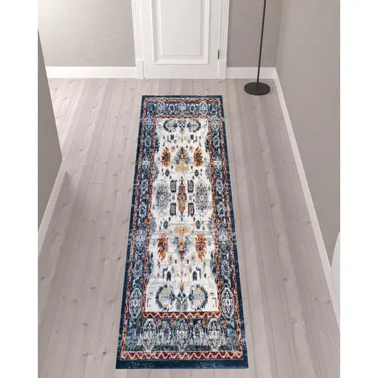 10' Blue Floral Power Loom Runner Rug Photo 2