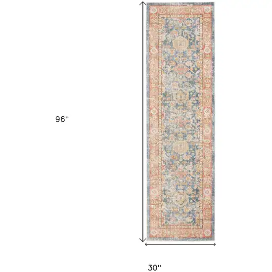 8' Blue Floral Power Loom Runner Rug Photo 8