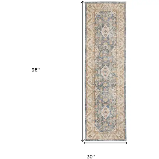 8' Blue Floral Power Loom Runner Rug Photo 8