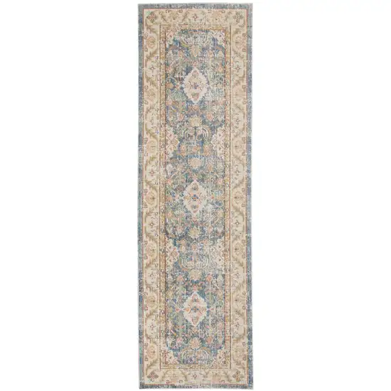 8' Blue Floral Power Loom Runner Rug Photo 1