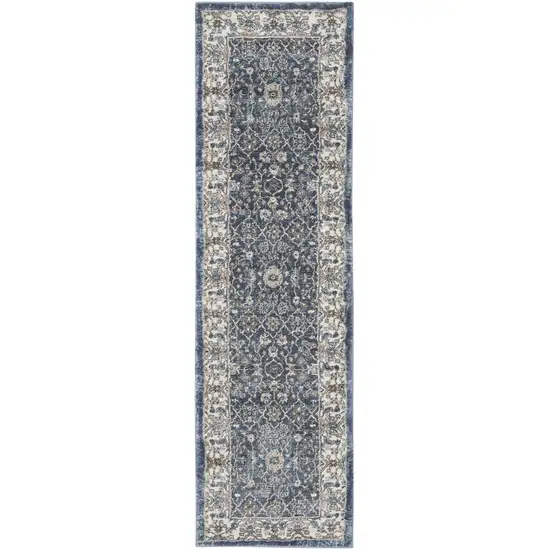 8' Blue Floral Power Loom Runner Rug Photo 2