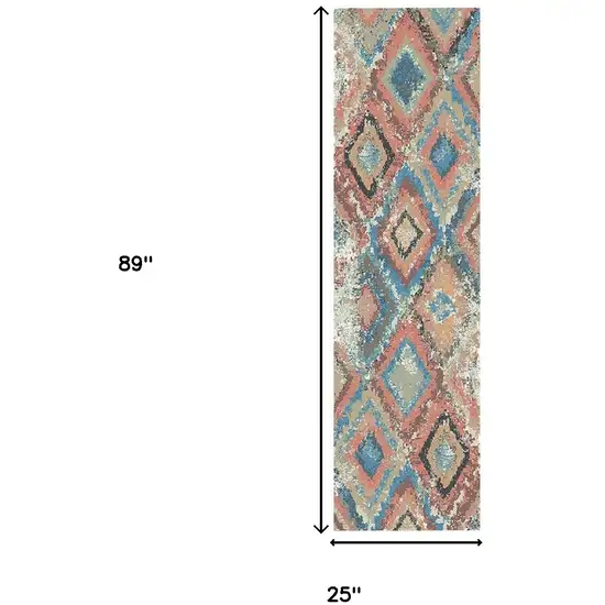 8' Blue Geometric Distressed Runner Rug With Fringe Photo 5