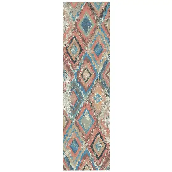 8' Blue Geometric Distressed Runner Rug With Fringe Photo 2