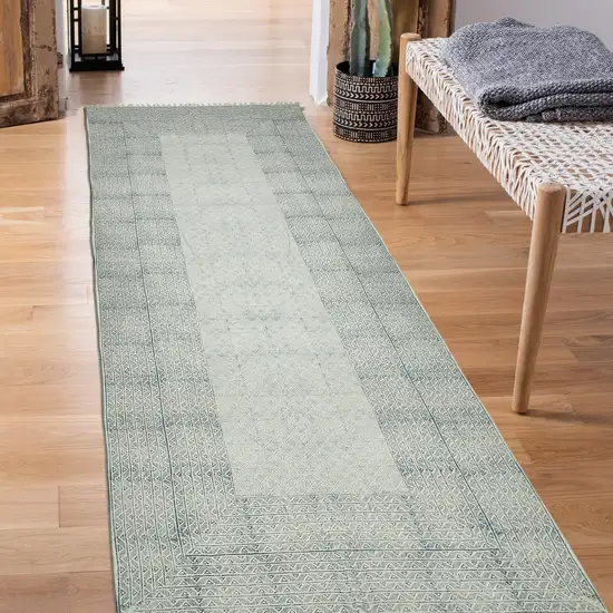 8' Blue Geometric Flatweave Handmade Distressed Runner Rug With Fringe Photo 5