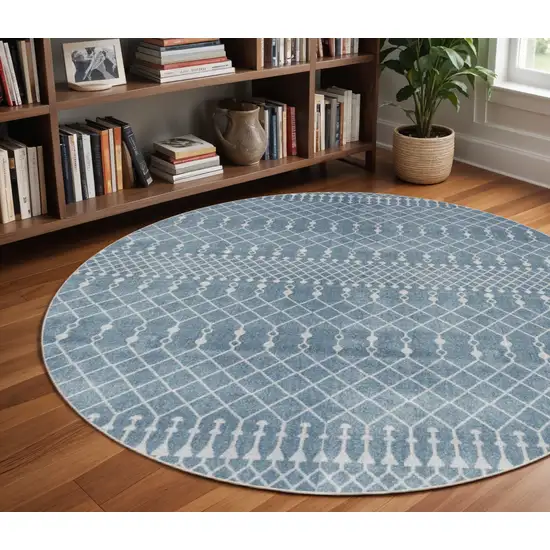 4' Blue Geometric Power Loom Round Rug Photo 1