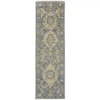 Photo of 8' Blue Gold And Tan Wool Floral Hand Knotted Stain Resistant Runner Rug With Fringe