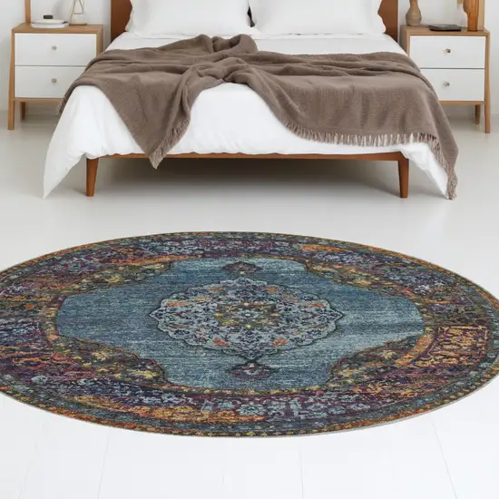 8' Blue and Beige Round Oriental Power Loom Area Rug Photo 1