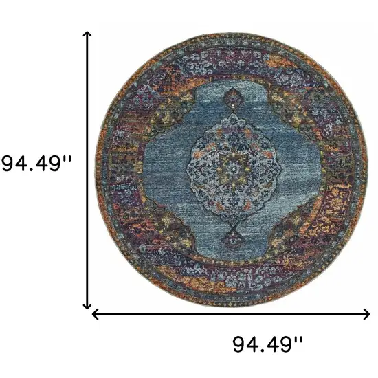 8' Blue Gold Green Red Orange And Purple Round Oriental Power Loom Stain Resistant Area Rug Photo 4