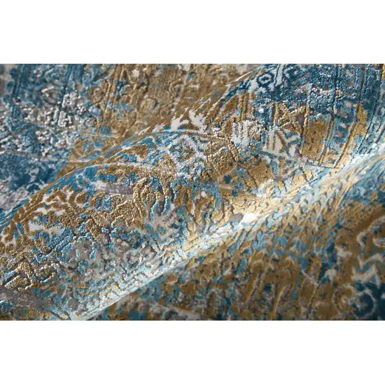 10' Blue Gold and Gray Abstract Power Loom Runner Rug With Fringe Photo 5