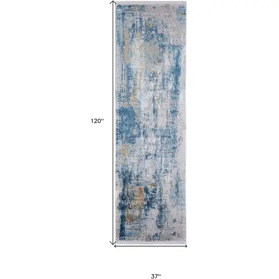 10' Blue Gold and Gray Abstract Power Loom Runner Rug With Fringe Photo 3