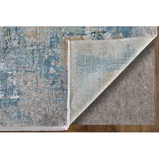 10' Blue Gold and Gray Abstract Power Loom Runner Rug With Fringe Photo 9