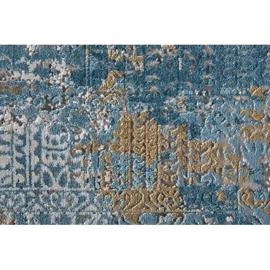 10' Blue Gold and Gray Abstract Power Loom Runner Rug With Fringe Photo 7