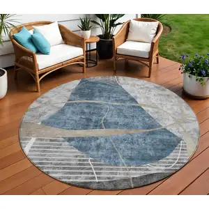 Photo of 8' Blue Gray And Charcoal Round Abstract Washable Indoor Outdoor Area Rug