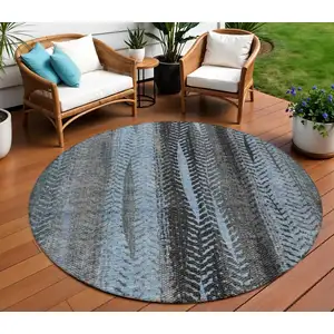 Photo of 8' Blue Gray And Charcoal Round Botanical Leaves Washable Indoor Outdoor Area Rug