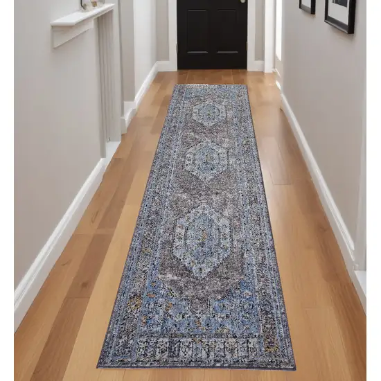 Blue and Gray Floral Runner Rug Photo 1