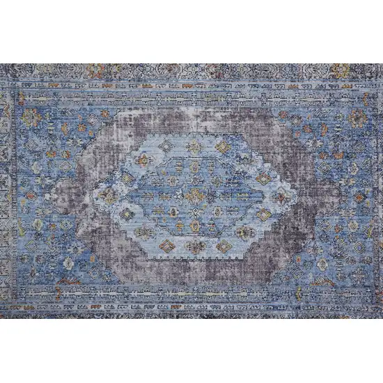 8' Blue Gray And Gold Floral Stain Resistant Runner Rug Photo 6