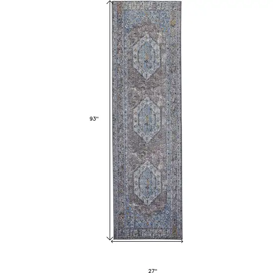 8' Blue Gray And Gold Floral Stain Resistant Runner Rug Photo 8