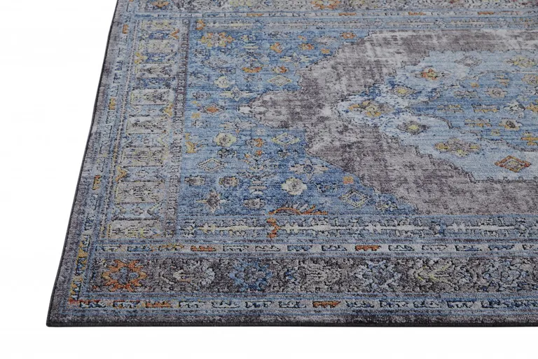 8' Blue Gray And Gold Floral Stain Resistant Runner Rug Photo 2