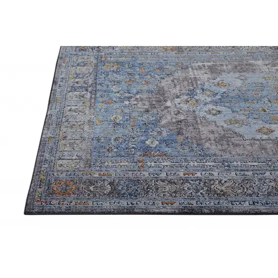 8' Blue Gray And Gold Floral Stain Resistant Runner Rug Photo 2