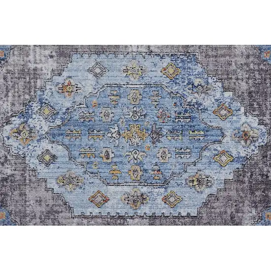 8' Blue Gray And Gold Floral Stain Resistant Runner Rug Photo 5