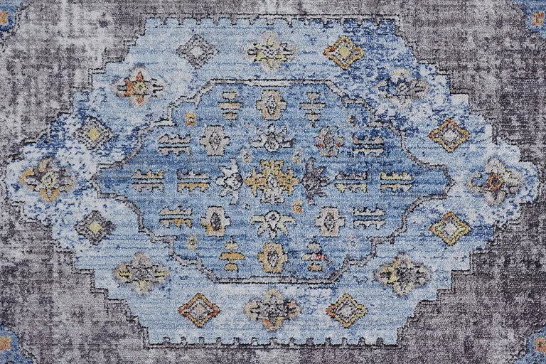 8' Blue Gray And Gold Floral Stain Resistant Runner Rug Photo 5