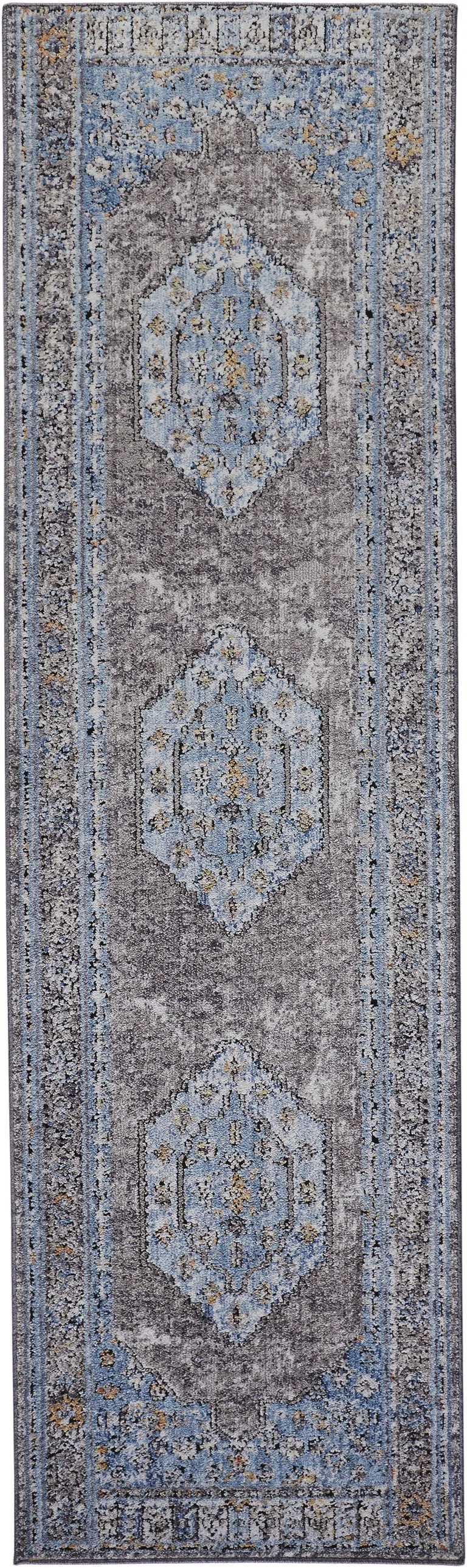 8' Blue Gray And Gold Floral Stain Resistant Runner Rug Photo 1