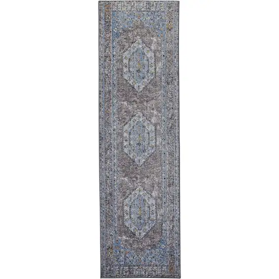 8' Blue Gray And Gold Floral Stain Resistant Runner Rug Photo 1