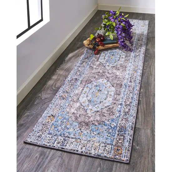 8' Blue Gray And Gold Floral Stain Resistant Runner Rug Photo 7