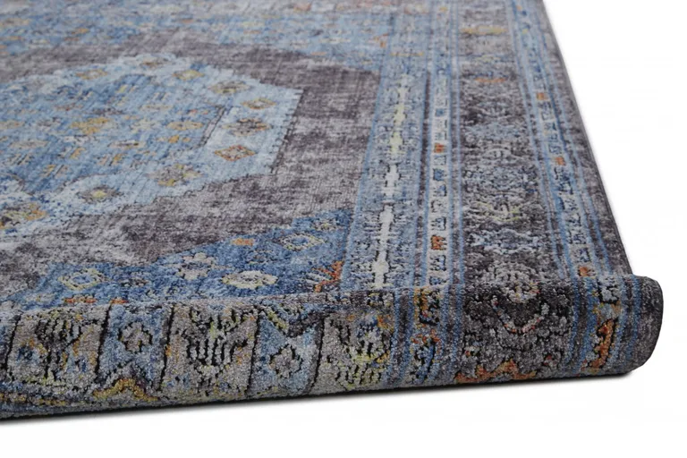 8' Blue Gray And Gold Floral Stain Resistant Runner Rug Photo 3