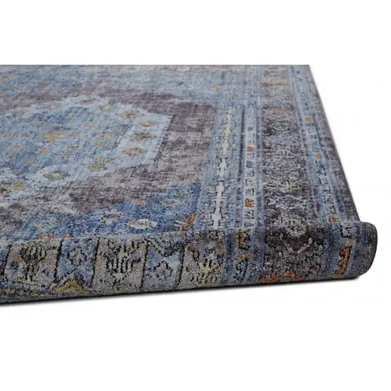 8' Blue Gray And Gold Floral Stain Resistant Runner Rug Photo 3