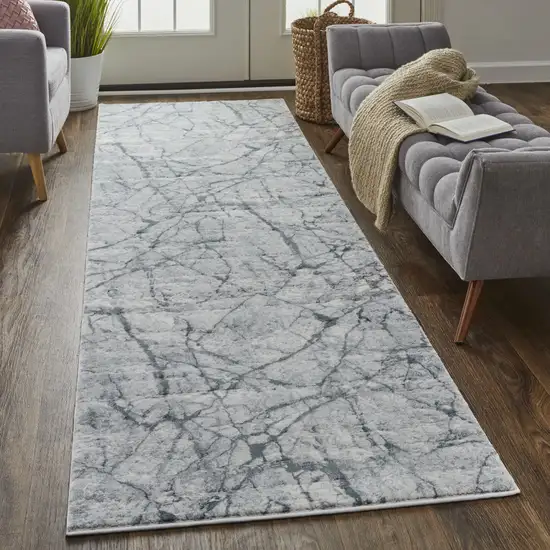 10' Blue Gray And Ivory Abstract Distressed Stain Resistant Runner Rug Photo 3