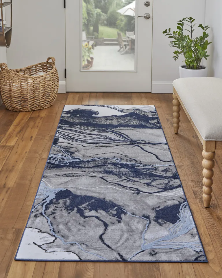 8' Blue Gray And Ivory Abstract Power Loom Runner Rug Photo 4