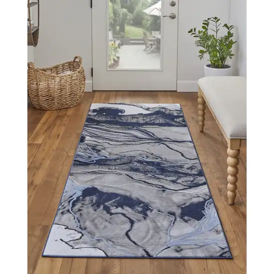 8' Blue Gray And Ivory Abstract Power Loom Runner Rug Photo 4