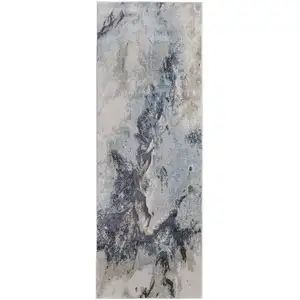 Photo of 8' Blue Gray And Ivory Abstract Power Loom Runner Rug