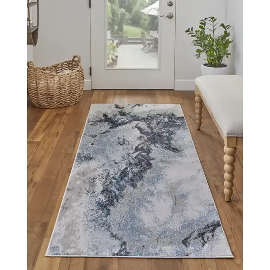 8' Blue Gray And Ivory Abstract Power Loom Runner Rug Photo 4