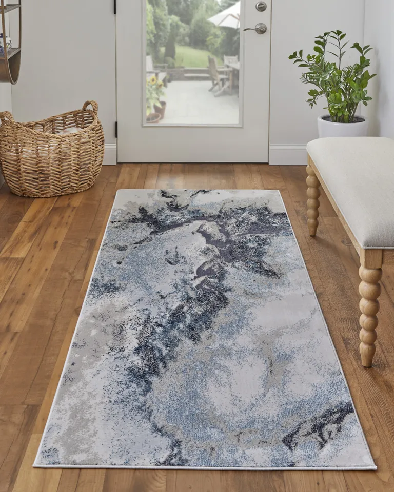 8' Blue Gray And Ivory Abstract Power Loom Runner Rug Photo 4