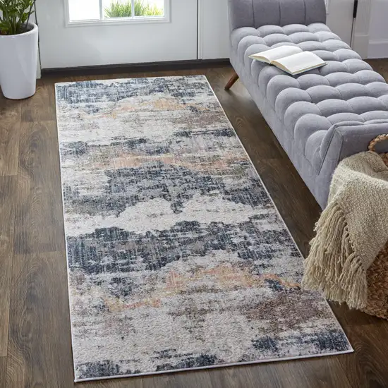 8' Blue Gray And Ivory Abstract Stain Resistant Runner Rug Photo 3