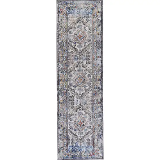 8' Blue Gray And Ivory Floral Stain Resistant Runner Rug Photo 1