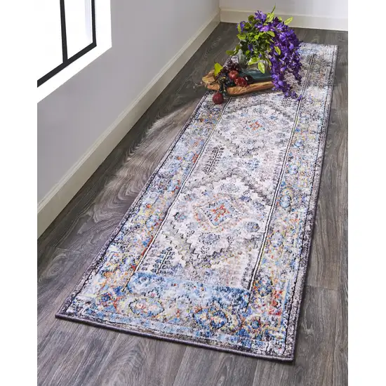 8' Blue Gray And Ivory Floral Stain Resistant Runner Rug Photo 7