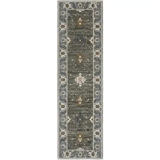 8' Blue Gray And Ivory Oriental Runner Rug Photo 2