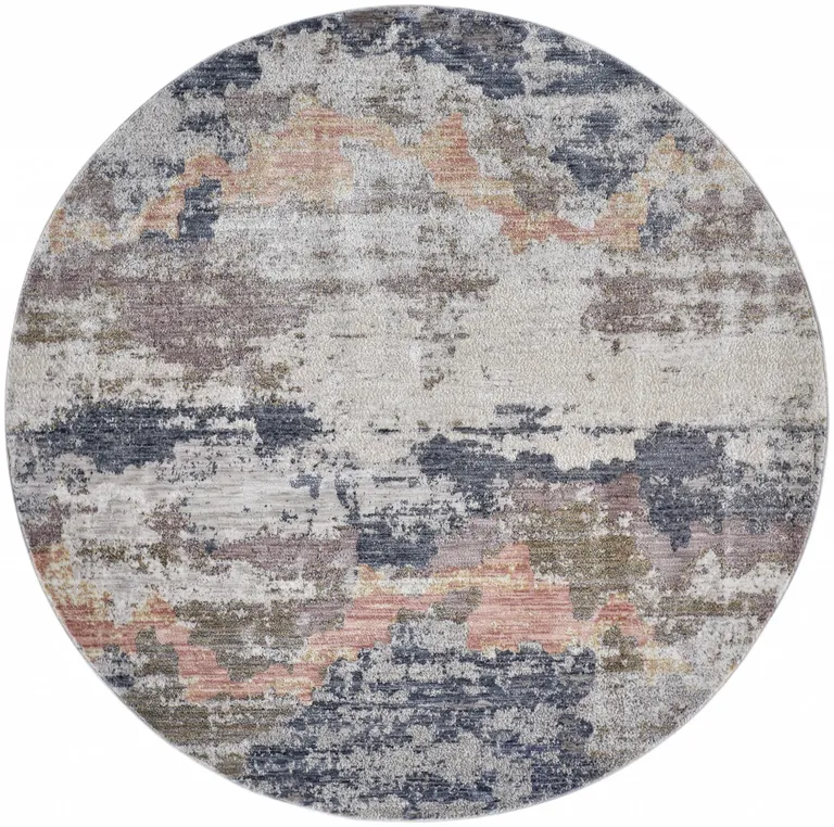 6' Blue Gray And Ivory Round Abstract Stain Resistant Area Rug Photo 1