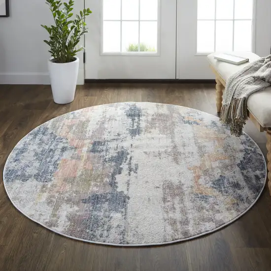 6' Blue Gray And Ivory Round Abstract Stain Resistant Area Rug Photo 3