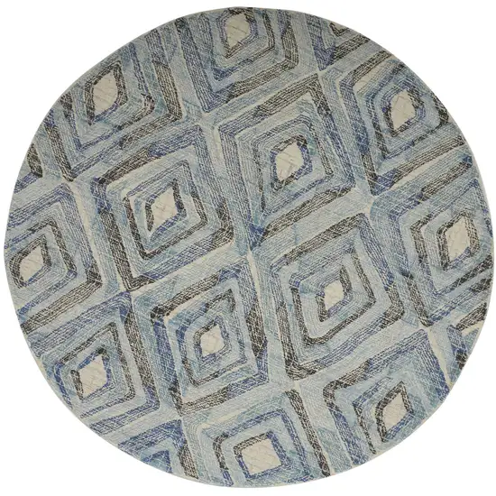 8' Blue Gray And Ivory Round Wool Geometric Tufted Handmade Area Rug Photo 1