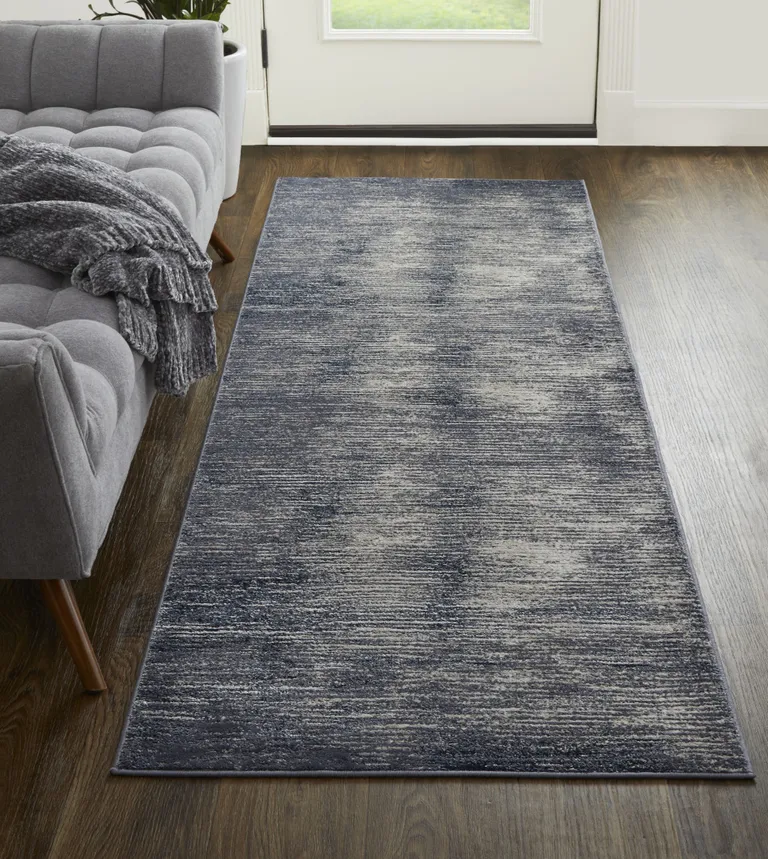 8' Blue Gray And Ivory Striped Power Loom Distressed Runner Rug Photo 4