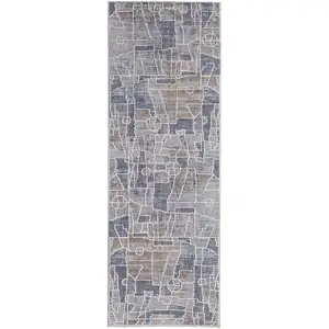 Photo of 8' Blue Gray And Orange Geometric Power Loom Stain Resistant Runner Rug